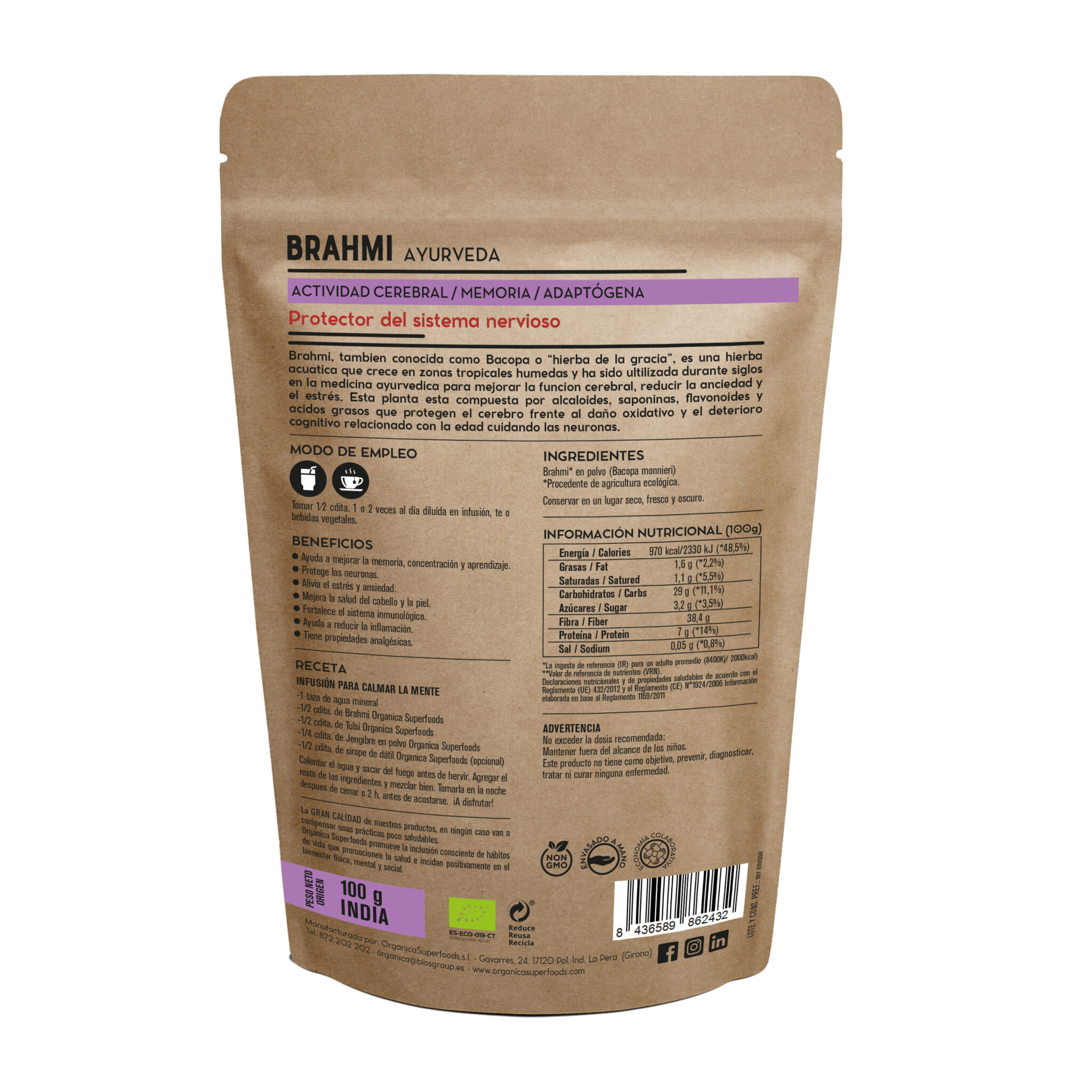 Ayur India Brahmi Bio – Bacopa Monnieri – 60 Gélules – Concentration – 09/2026